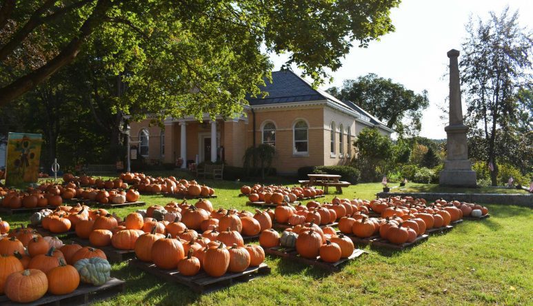 Pumpkins by the library in downtown Sturbridge, Massachusetts